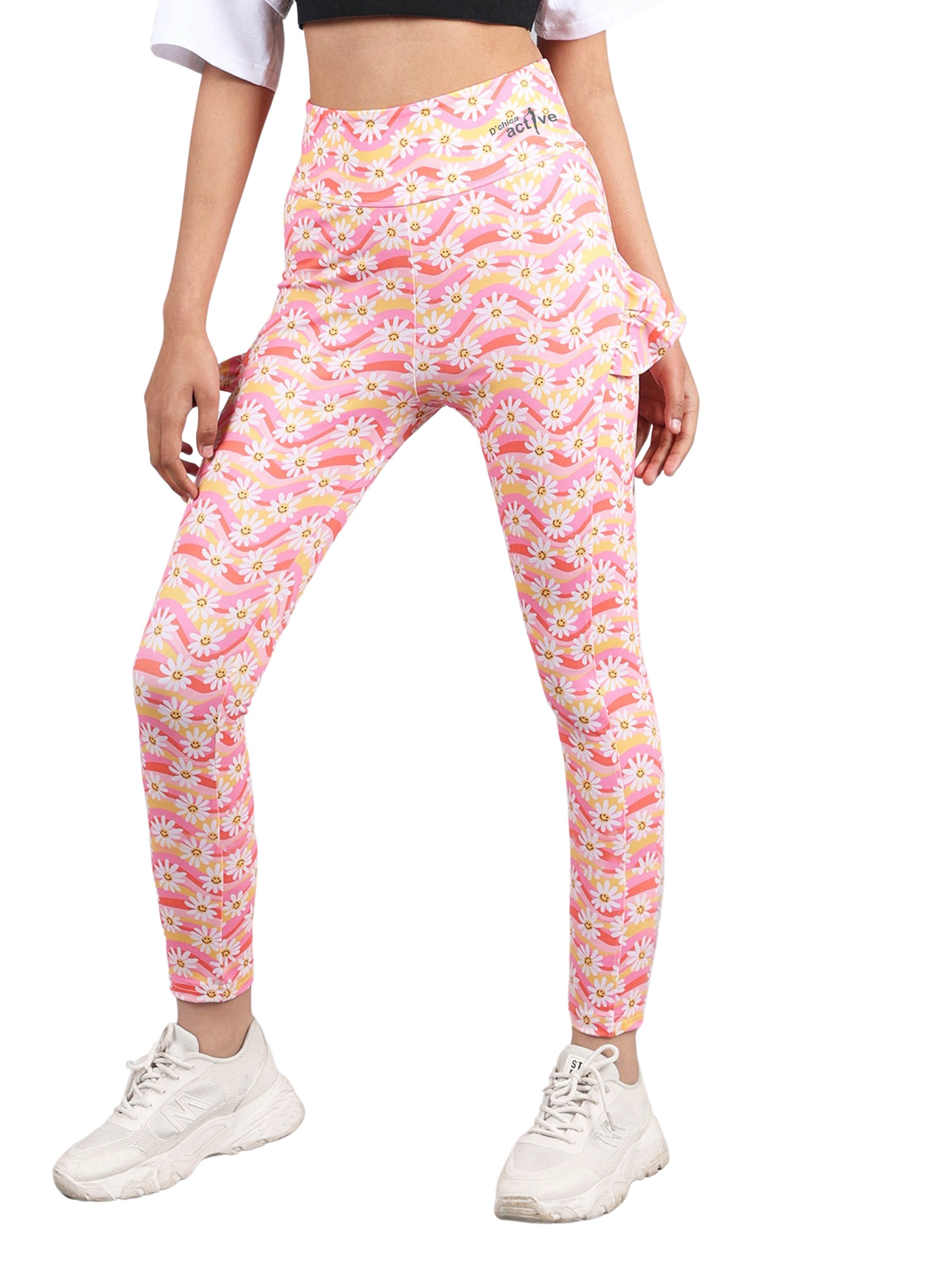 D'chica Essentials Assorted Ruffled Leggings with Side Pocket | Flower Print Activewear | Color( Peach) Dchica Fashion Lifestyle