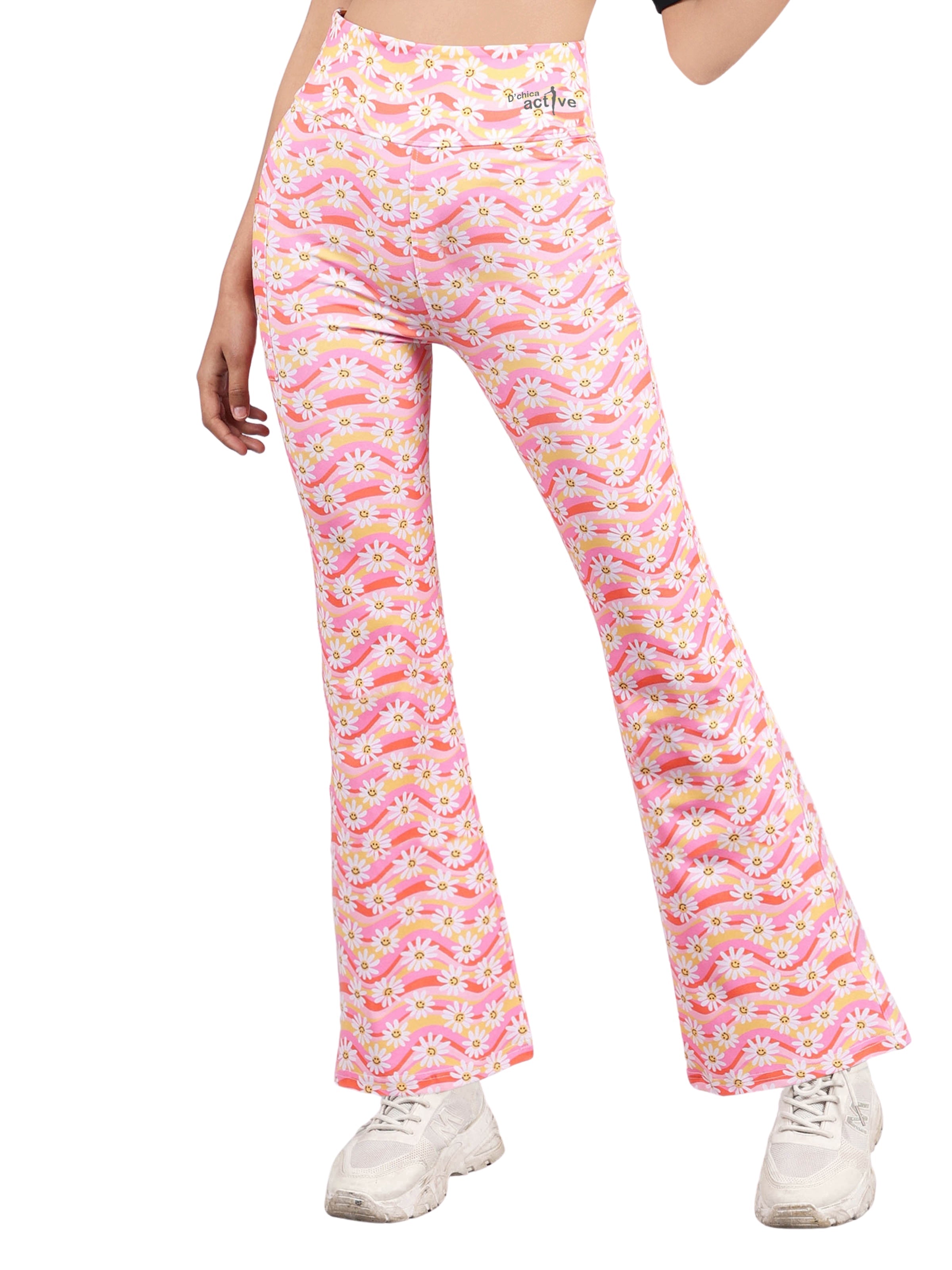 D'chica Essentials Assorted Stretchable Bell Bottom Pants | Sunflower Print Sports Leggings (colour Peach) Dchica Fashion Lifestyle