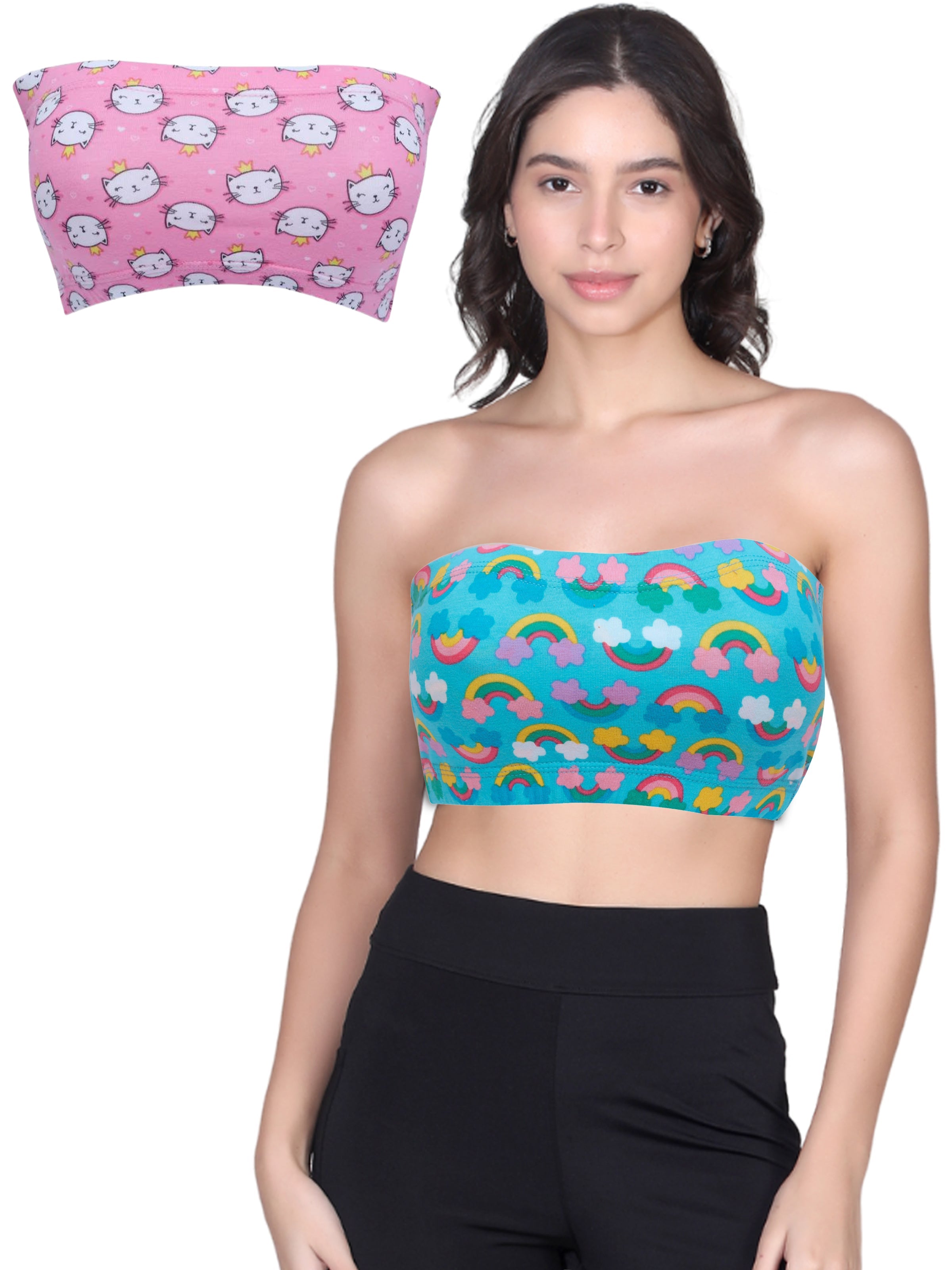 D'chica Essentials Assorted Pink Cat Print Tube Bra with Inner Elastic – Comfort & Fun Combined! colour Pink & Blue,( colour Pink & Blue) Dchica Fashion Lifestyle