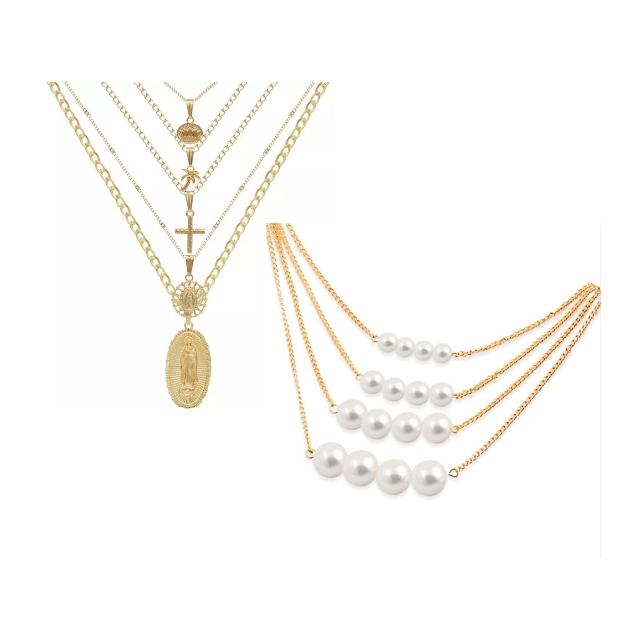 Golden Glamour & Pearls: 5 Layer Zeus Chain Necklace Set of 2 Elegant Jewelry Set for Women pinapes