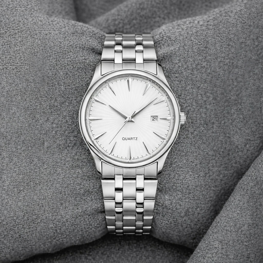 LOREM Men’s Stainless Steel Analog Watch with Silver Dial, Quartz Movement, Date Display & Metal Strap LOREM