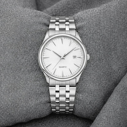 LOREM Men’s Stainless Steel Analog Watch with Silver Dial, Quartz Movement, Date Display & Metal Strap LOREM