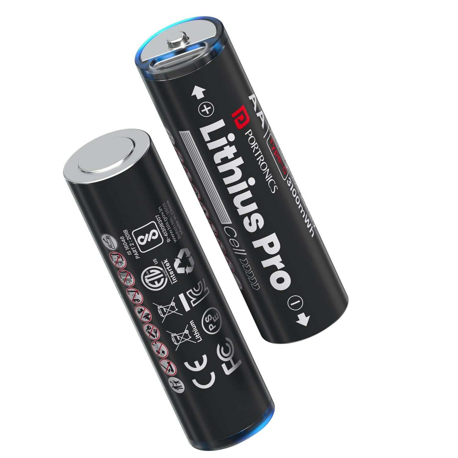 Portronics AA Lithius Pro Type-C Rechargeable Batteries Pack of 2 | Lithium-Ion, Up to 2066mAh, Low Self-Discharge(Black)