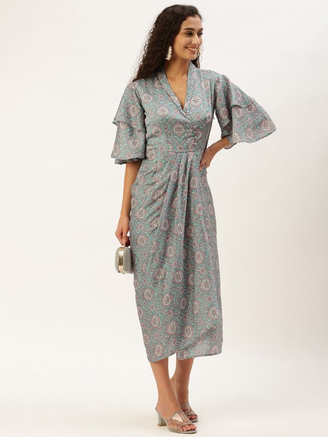 Bollywood Vogue Ready To Wear Multicolored Printed Modal Satin Pleated Dress