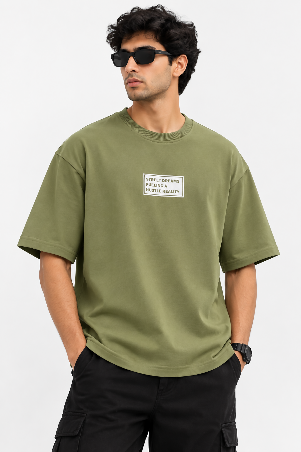 Hustle Street Dreams Oversized T-Shirt for Men – Olive Green Half Sleeve