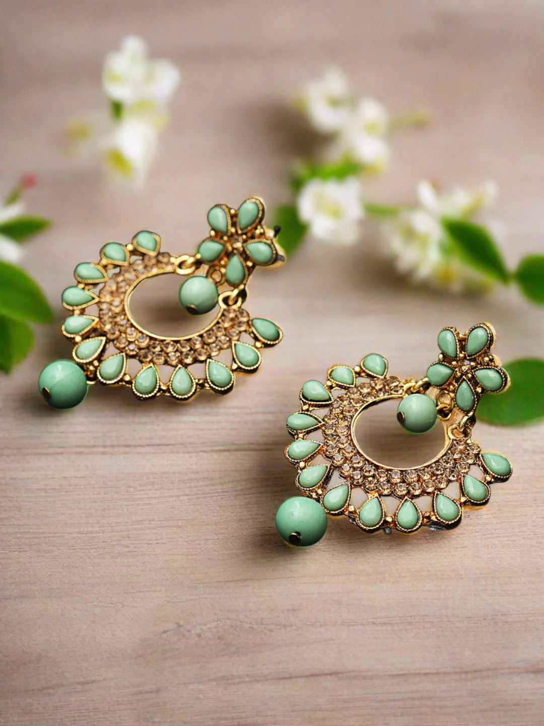 Green Gold-Plated Kundan-Studded Handcrafted Crescent-Shaped Chandbalis