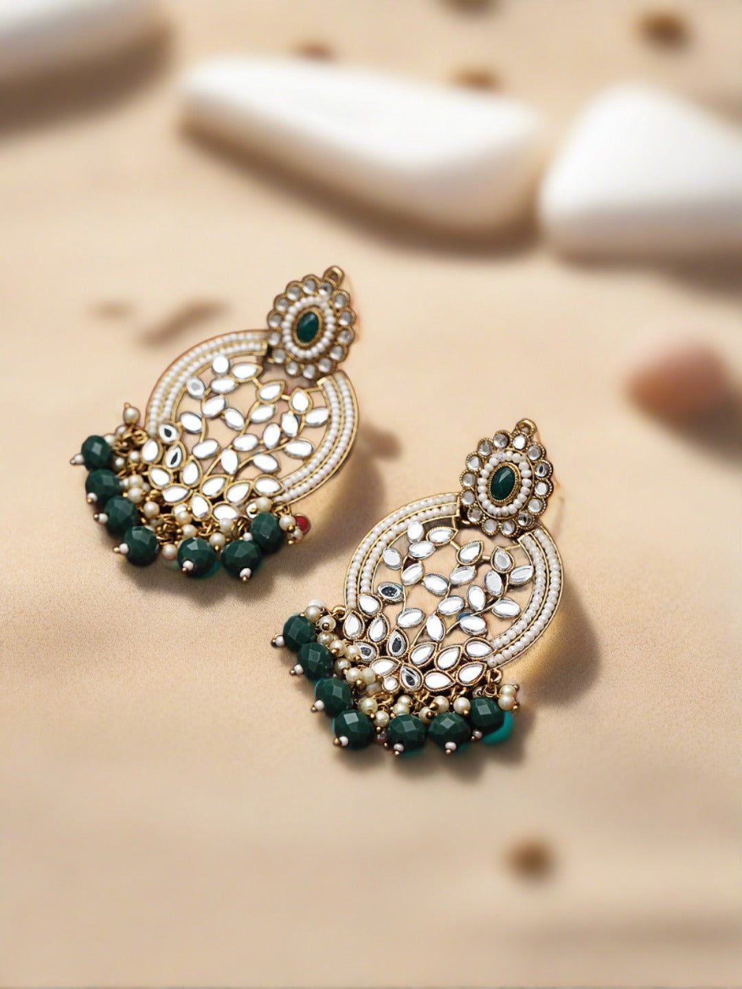 Green Gold-Plated Stone Studded & Beadded Classic Drop Earrings