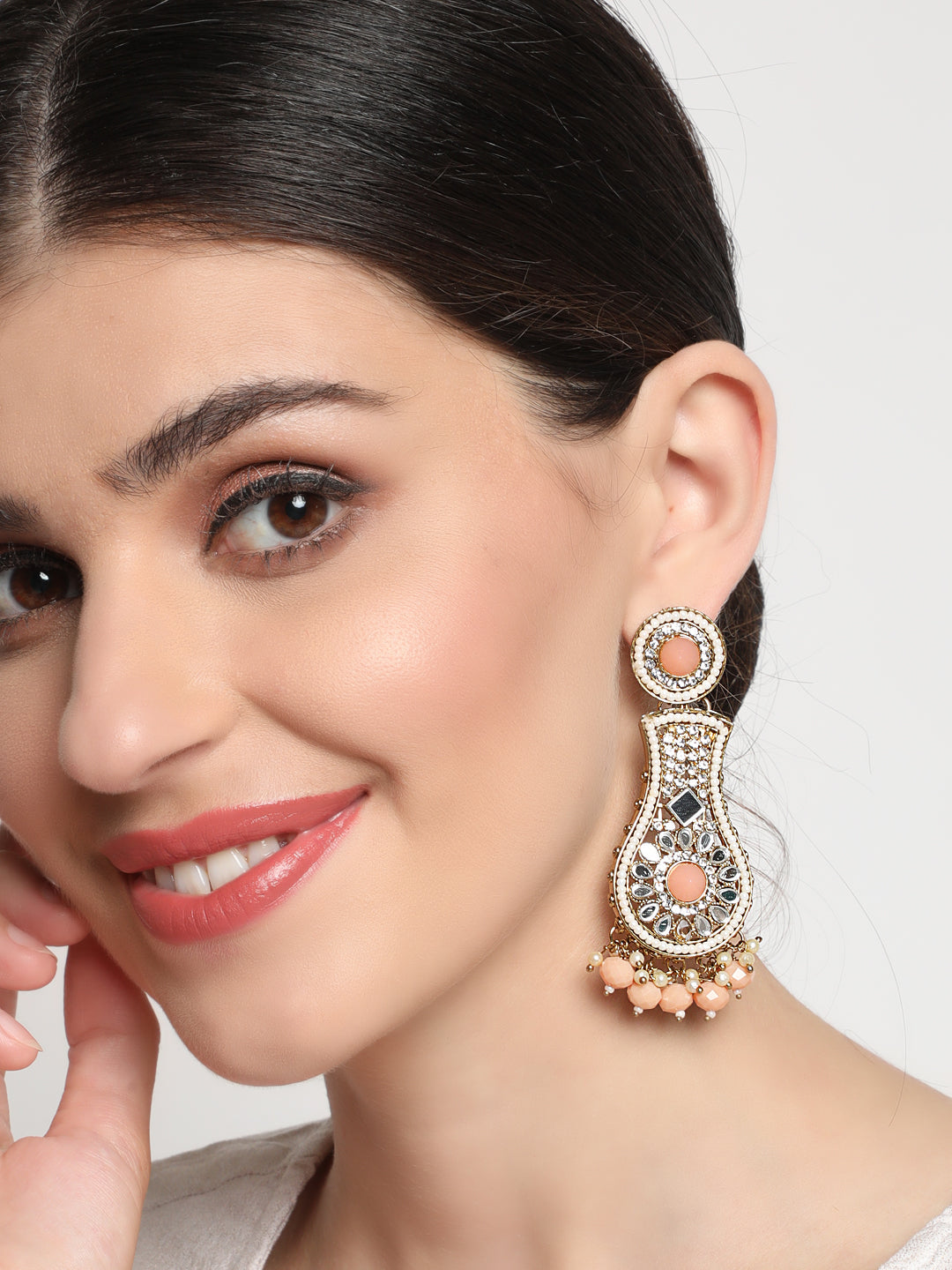 Peach Coloured Kundan Studded & Beaded Classic Drop Earrings