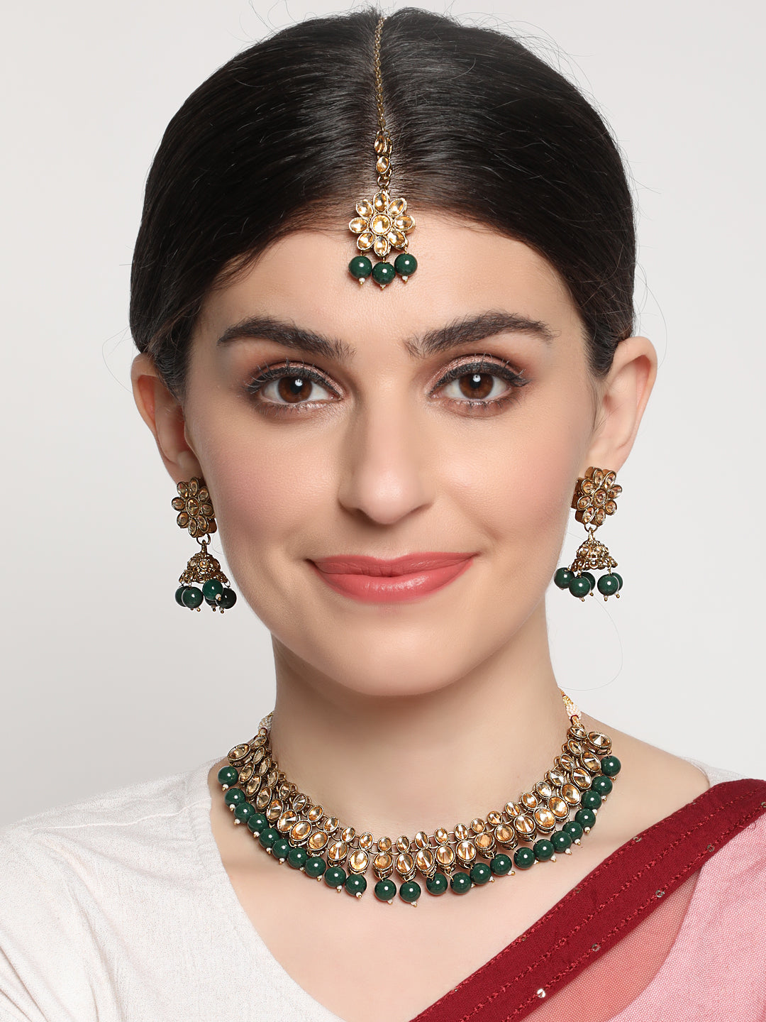 Green Kundan Stones Gold Plated Choker Set With Maangtikka