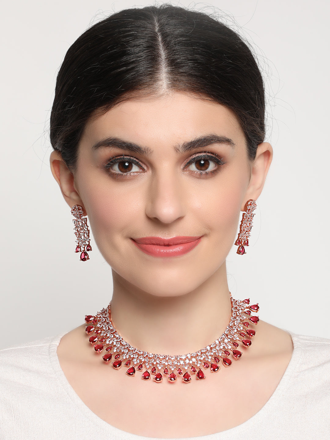 Jazz And Sizzle Maroon Stone Studded American Diamond Rose Gold Plated Jewelry Set
