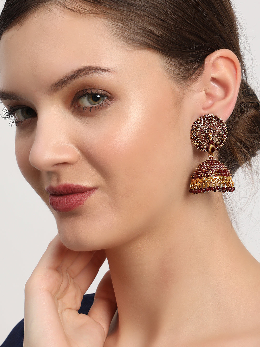 Jazz And Sizzle Designer Gold Plated Peacock Shape Enamelled Traditional Everyday Jhumka Earrings