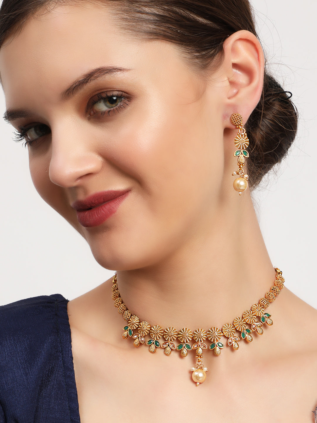 Gold-Plated & Green Stone Studded Handcrafted Jewellery Set