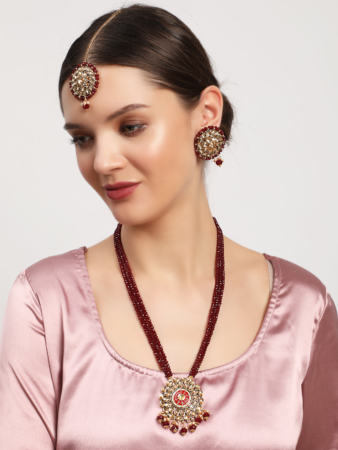 Gold-Plated & Kundan Studded Mahroon Beaded Multi-Strand Jewellery Set With Maangtika