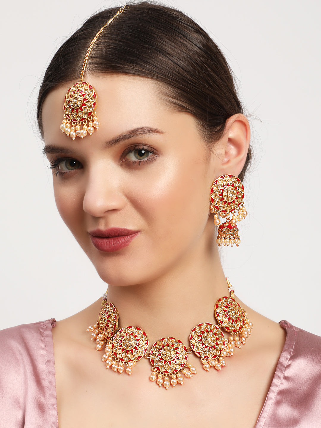 Red Kundan Pearls Gold Plated Choker Set With Maangtikka