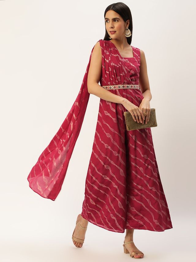 Bollywood Vogue Ready To Wear Wine Chinon Foil Print Draped Style Jumpsuit