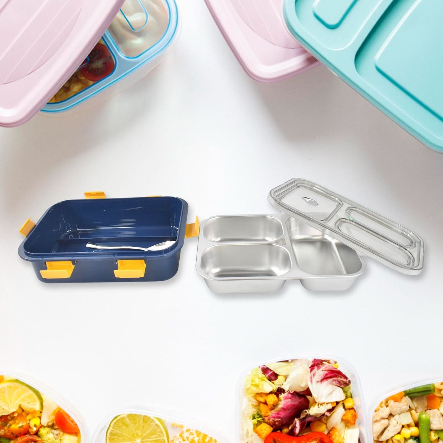 3 Compartment Transparent Stainless Steel Lunch Box For Kids