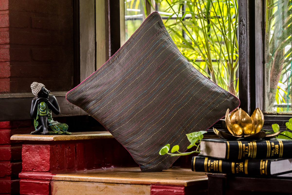 Grey Hand Embroidered Cushion Cover with Kantha Stitch
