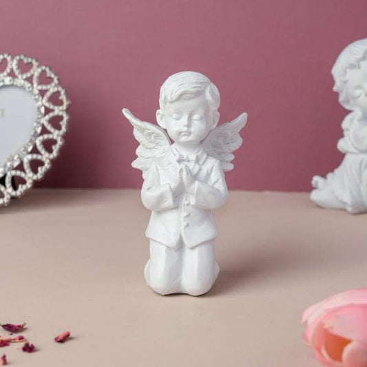 KariGhar Resin Small White Sitting Angel Statue Idol for Home (White) - HalfPe