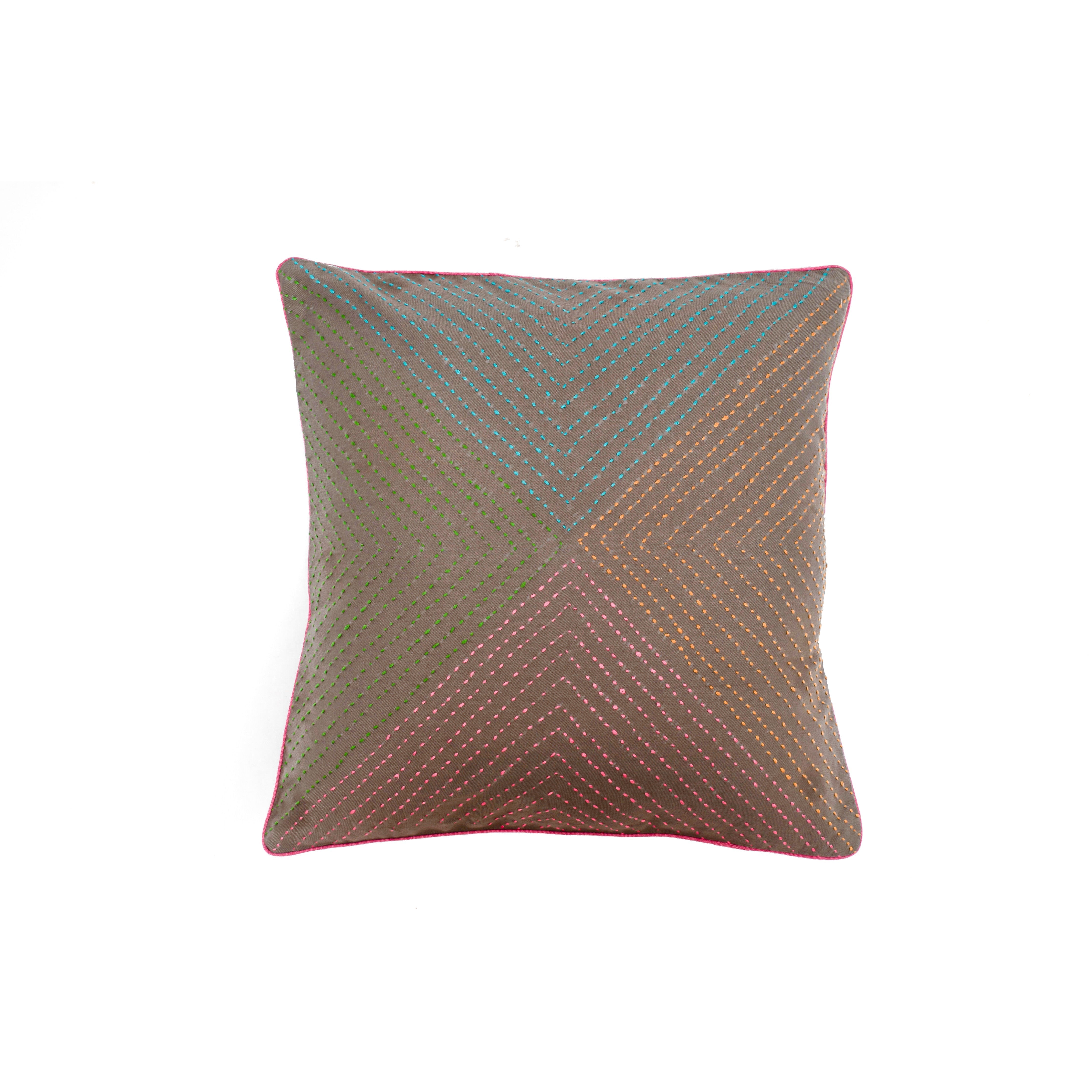 Grey Cotton Cushion Cover with Colourful Kantha Stitch
