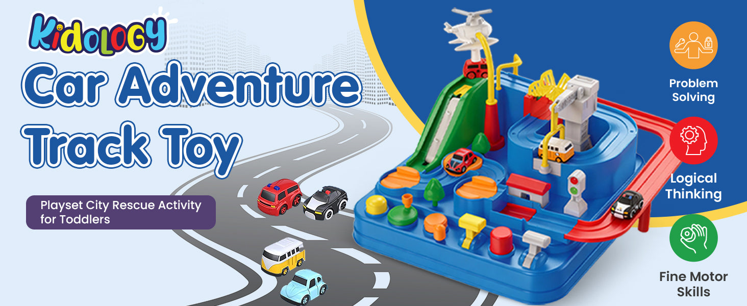 Kidology Car Race Tracks Toy | Car Adventure Toy for 0-3 Years, Boys, Girls & Kids | Playset City Rescue Activity for Toddlers | Pre Educational Learning Puzzle Gift for Babies (4 Car Included)