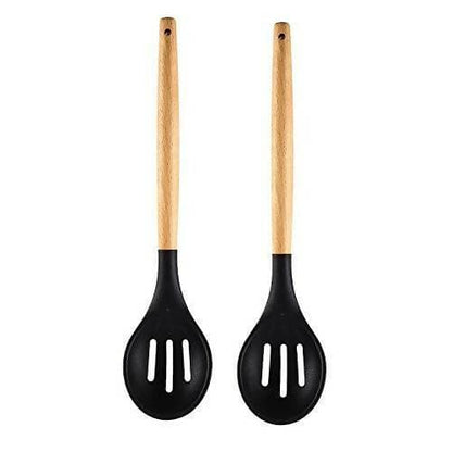 P-Plus International Silicone Cooking Spoon BPA Free 480°F Heat-Resistant Rubber Non-Stick Slotted Spoon for Mixing (pack of 2 , Black) - HalfPe