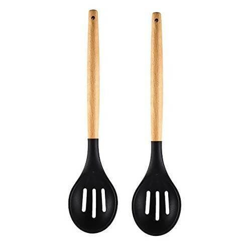 P-Plus International Silicone Cooking Spoon BPA Free 480°F Heat-Resistant Rubber Non-Stick Slotted Spoon for Mixing (pack of 2 , Black) - HalfPe