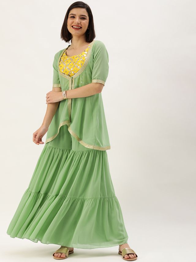 Bollywood Vogue Ready To Wear Yellow N Green Embroidered Sharara Suit