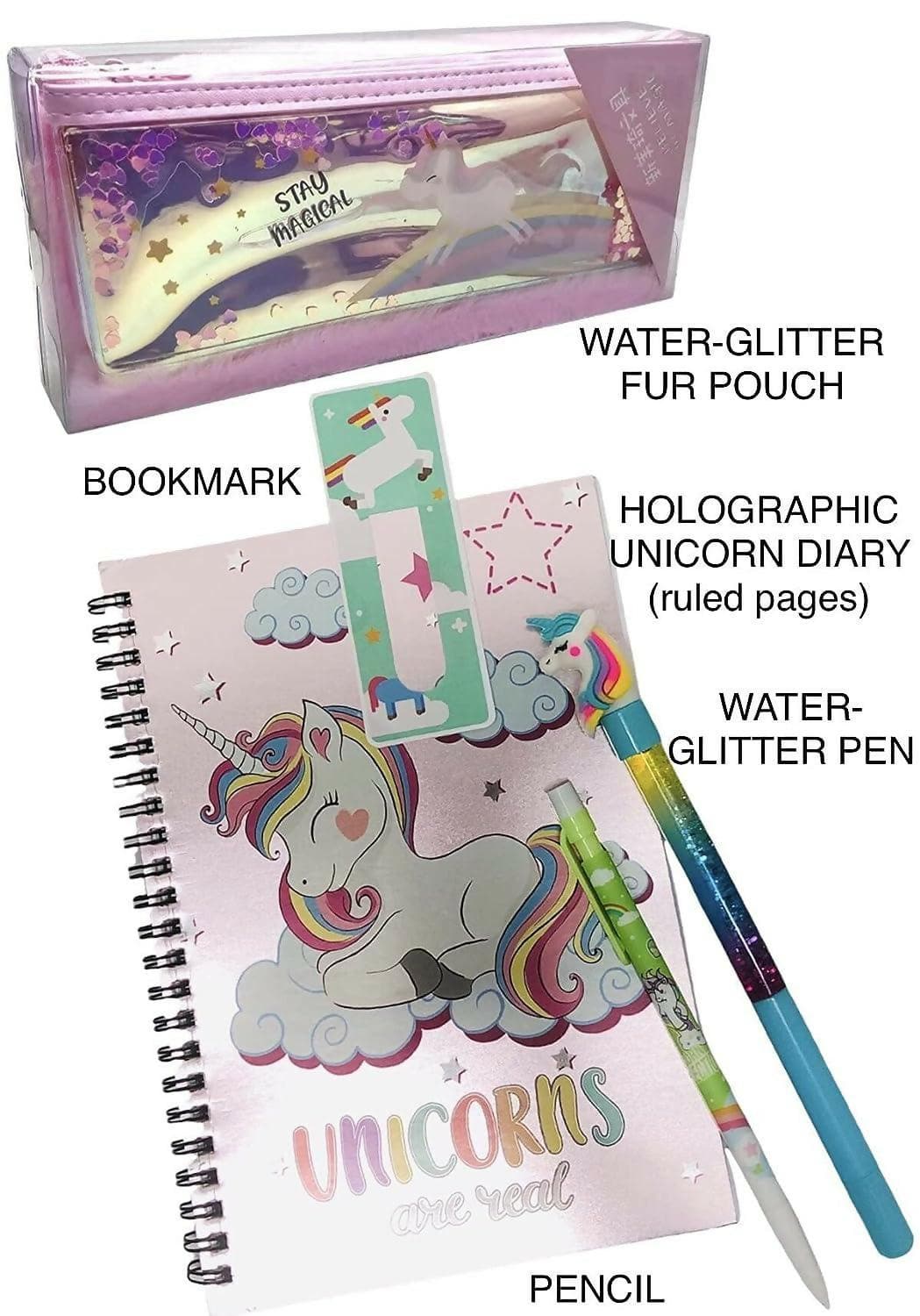 Unicorn Holographic Diary , Lava Pen , Water Pouch , Pencil , Bookmark - HalfPe