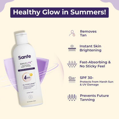 Sanfe DailyLite Body Lotion Glycopeel Technology & SPF 30 Removes & Prevents Tanning Non-Greasy Body Lotion (200)ml