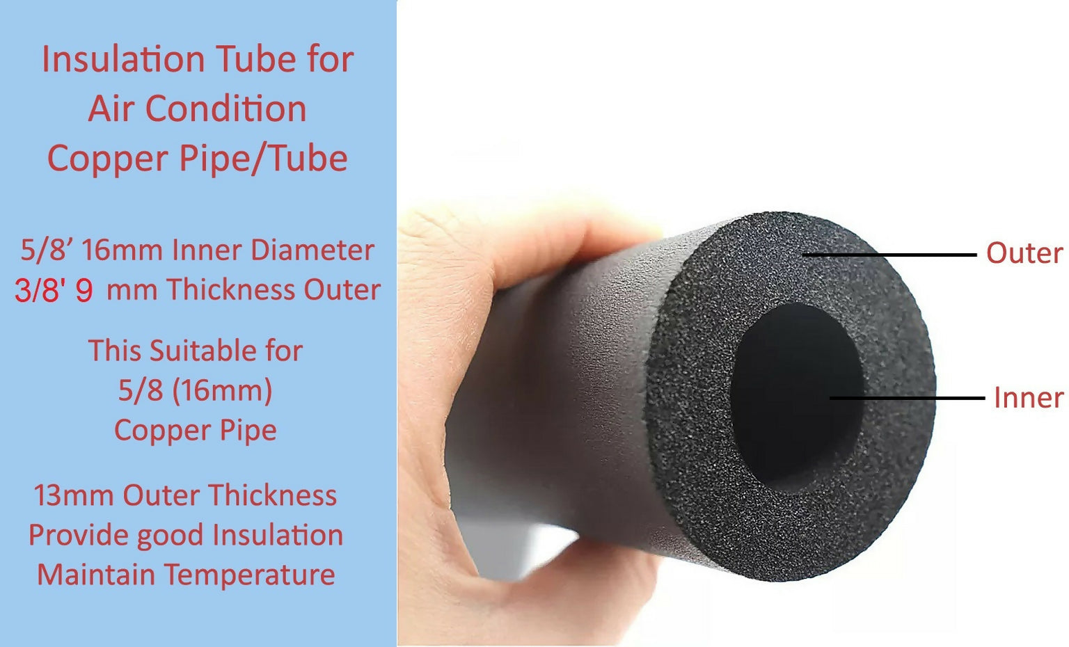 AC Tube 5/8" ID X 3/8" THK InsulationTube Nitrile Tube 16MM Inner * 9MM THK Hose Pipe (1.83 m)