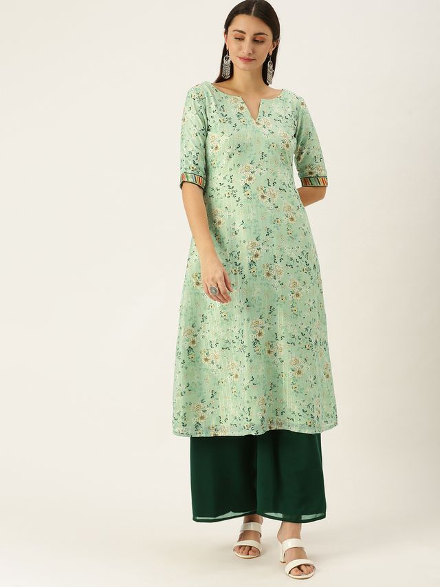 Bollywood Vogue Ready To Wear Green Muslin Printed Calf Length Kurta Set