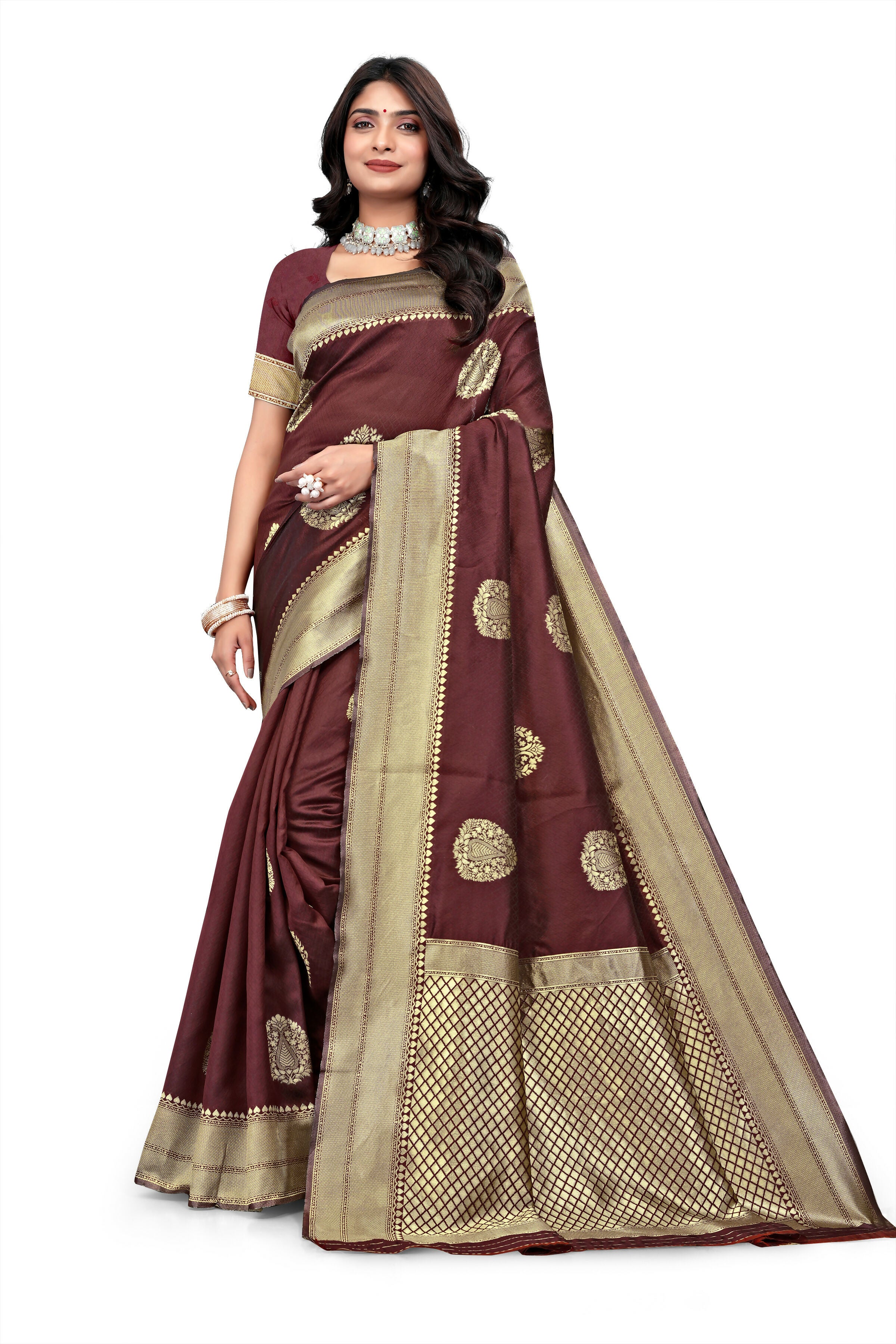 AXONIT Maroon Majesty Banarasi Silk Saree with Rich Golden Zari