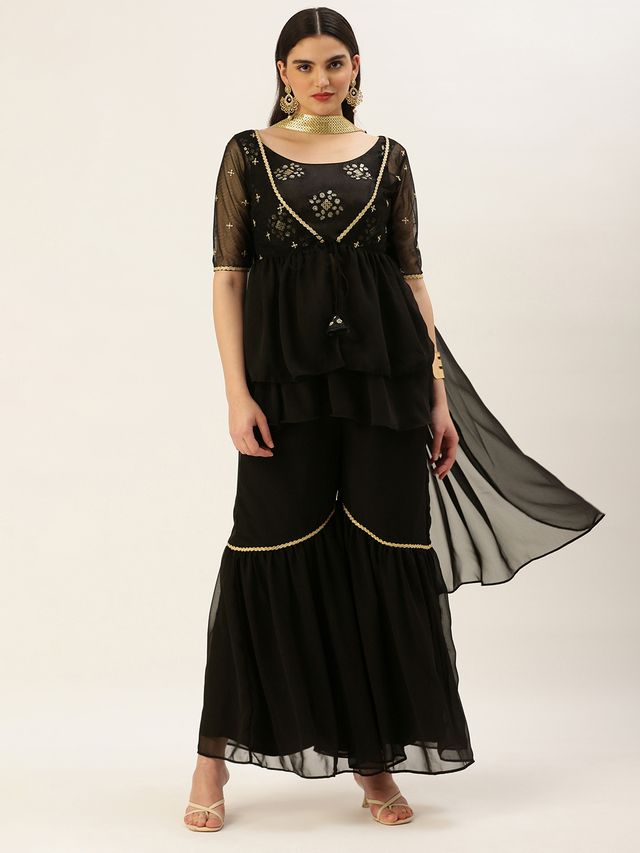 Bollywood Vogue Ready To Wear Black Chinon Embroidered N Sequins Gharara Set