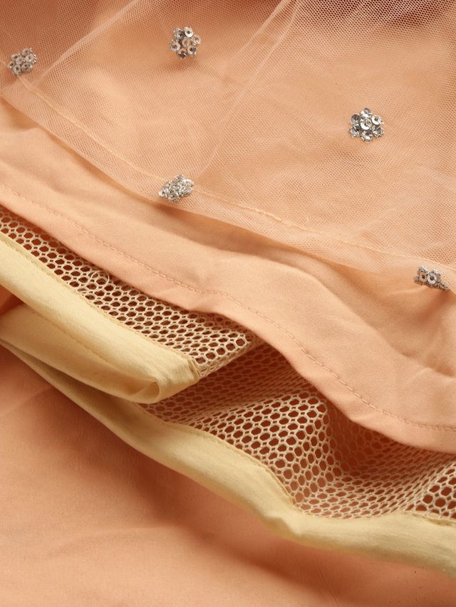 Bollywood Vogue Ready To Wear Multicoloured N Peach Net Embroidered Lehenga