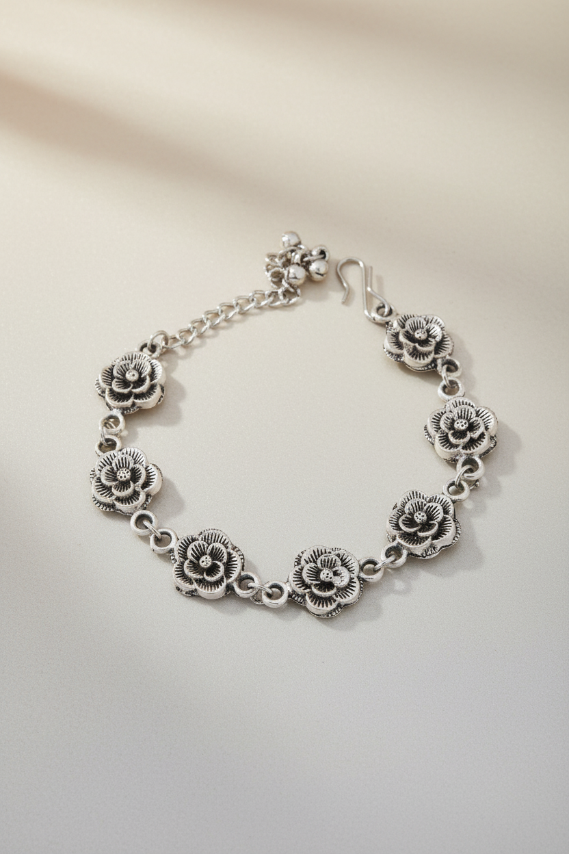 Oxidized Silver Floral Hook Bracelet for Women and Girls (Black, Free, 1) SUPER