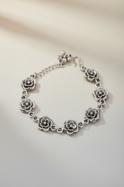 Oxidized Silver Floral Hook Bracelet for Women and Girls (Black, Free, 1) SUPER