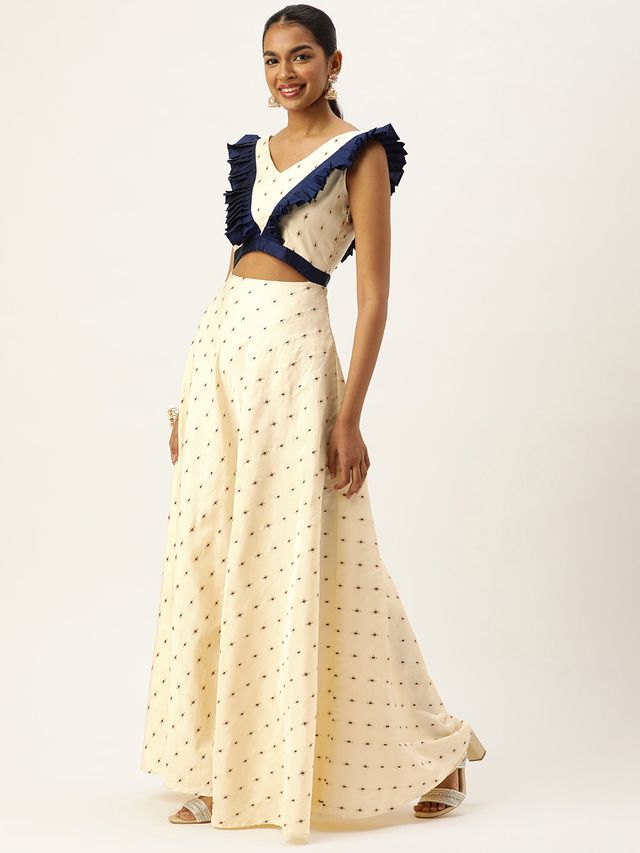 Bollywood Vogue Ready To Wear Cream Satin Jacquard Ruffled Dress