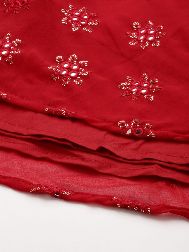 Bollywood Vogue Ready To Wear Red Georgette Embroidered One Shoulder Style Gown