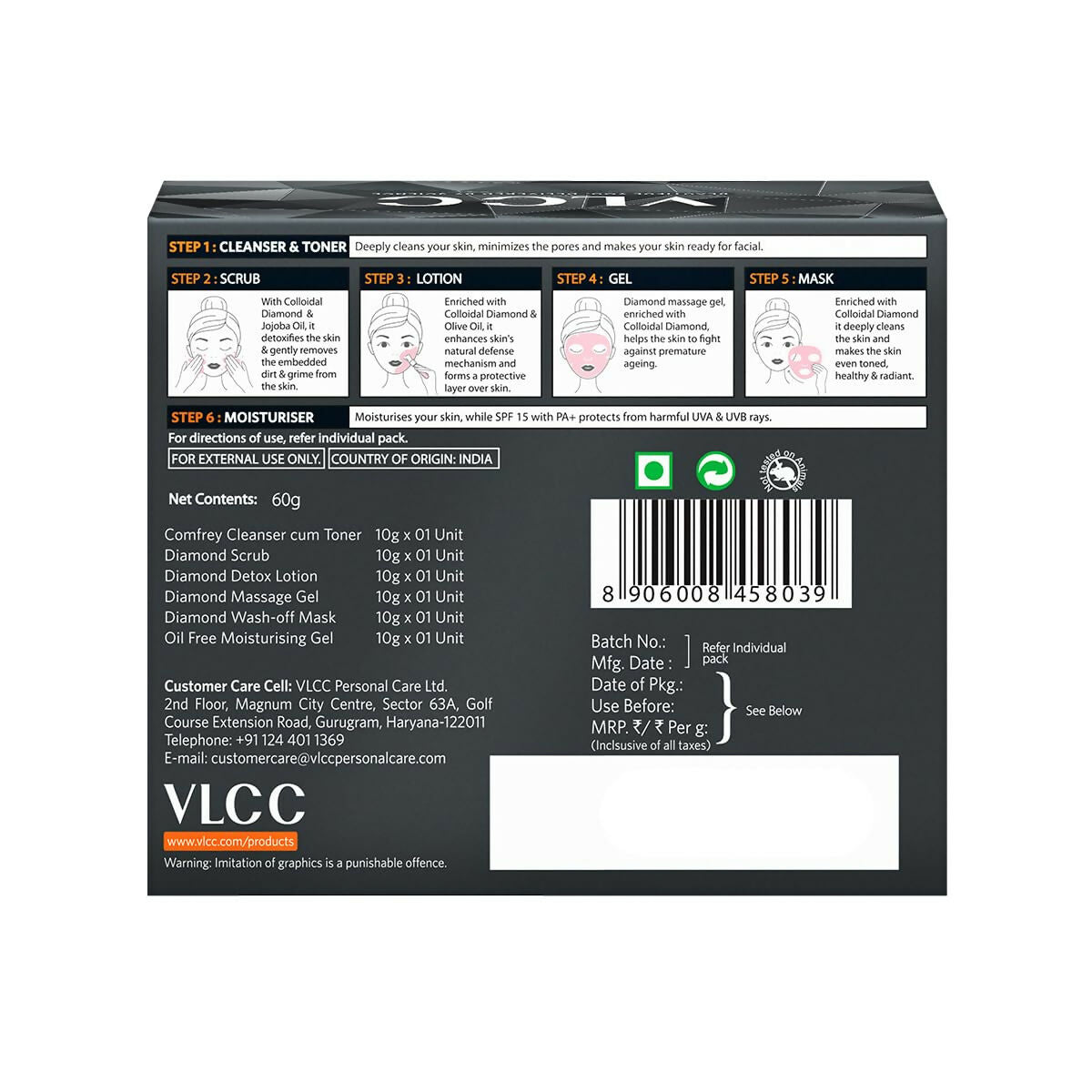 VLCC Diamond Facial Kit - 60g | Purifying with Parlour Glow | Improves Elasticity, Brightens and Helps Lighten Patchy, Damaged Skin | with Colloidal Diamond, Aloe Vera, Jojoba & Olive Oil