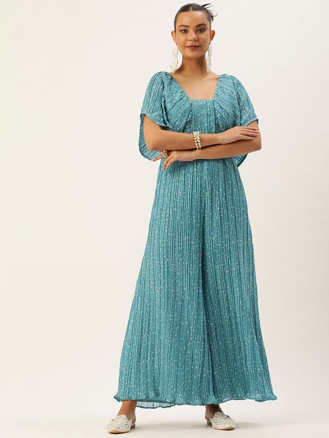 Bollywood Vogue Ready To Wear Blue N White Printed Pleated Georgette Jumpsuit
