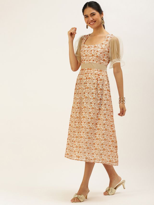 Bollywood Vogue Ready To Wear White Digital Printed Art Silk Dress