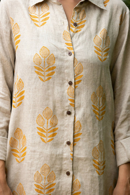 Maple Comfortable Linen Hand Printed Mustard Shirt Dress With Full Sleeves Studio Sienna