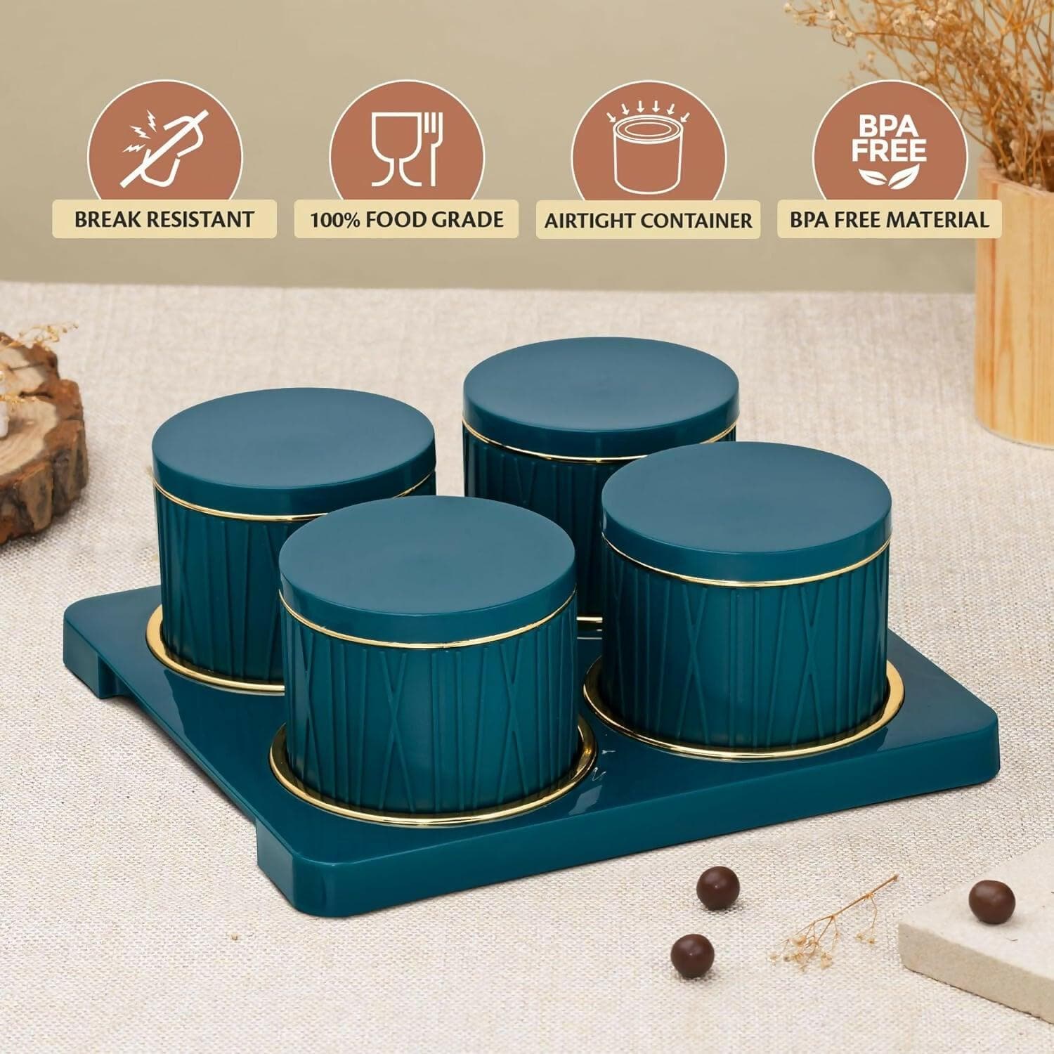 SELVEL Giving shape to life! Unbreakable & Air Tight Dry Fruit Container Tray Set with Lid & Serving Tray 430ml (4 Pieces, Polypropylene) (Emerald Green) - HalfPe