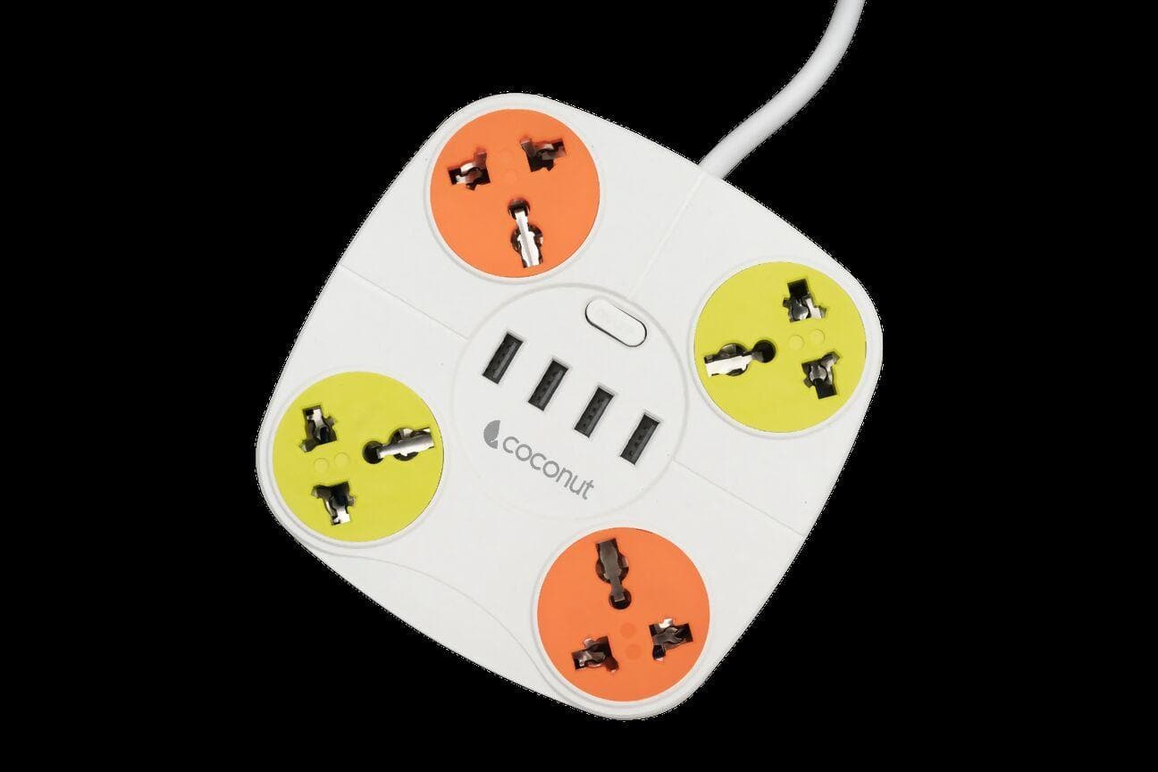 coconut Multi 3 Extension Socket 4 Universal Sockets, 4 USB Charging Ports, 3M long cable, Individual LED Indicators - HalfPe