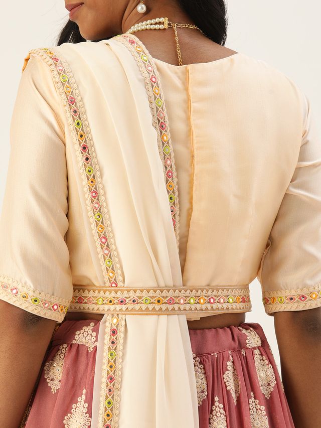 Bollywood Vogue Ready To Wear Off White N Brown Embroidered Lehenga Set