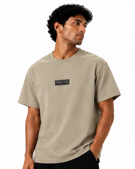 HUSTLE Men's Crew Neck Oversized T-Shirt – Beige Cream