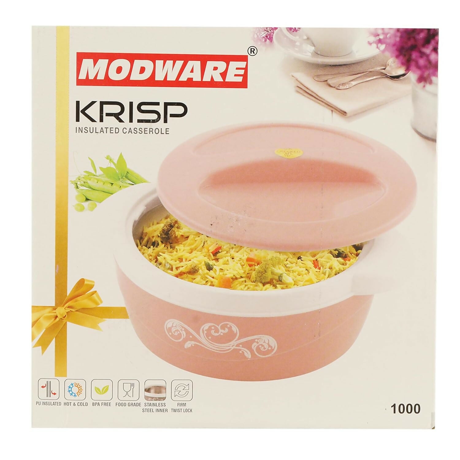 Modware KRISP Insulated Casserole (1000 ml) – Hot & Cold Food Storage, Stainless Steel Inner, BPA-Free, Twist Lock Lid
