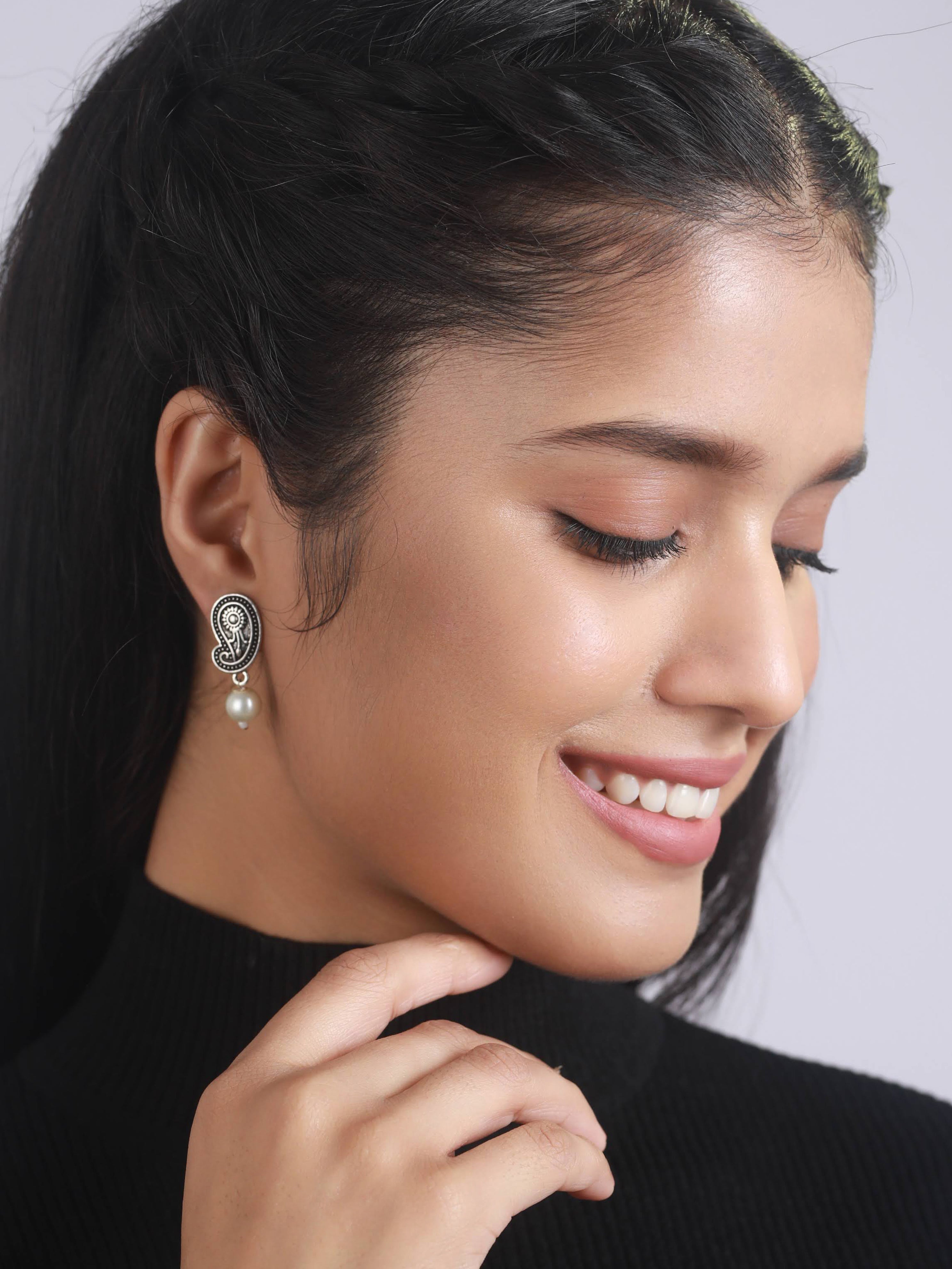 Silver-Toned Set Of 4 Oxidized Studded Earrings