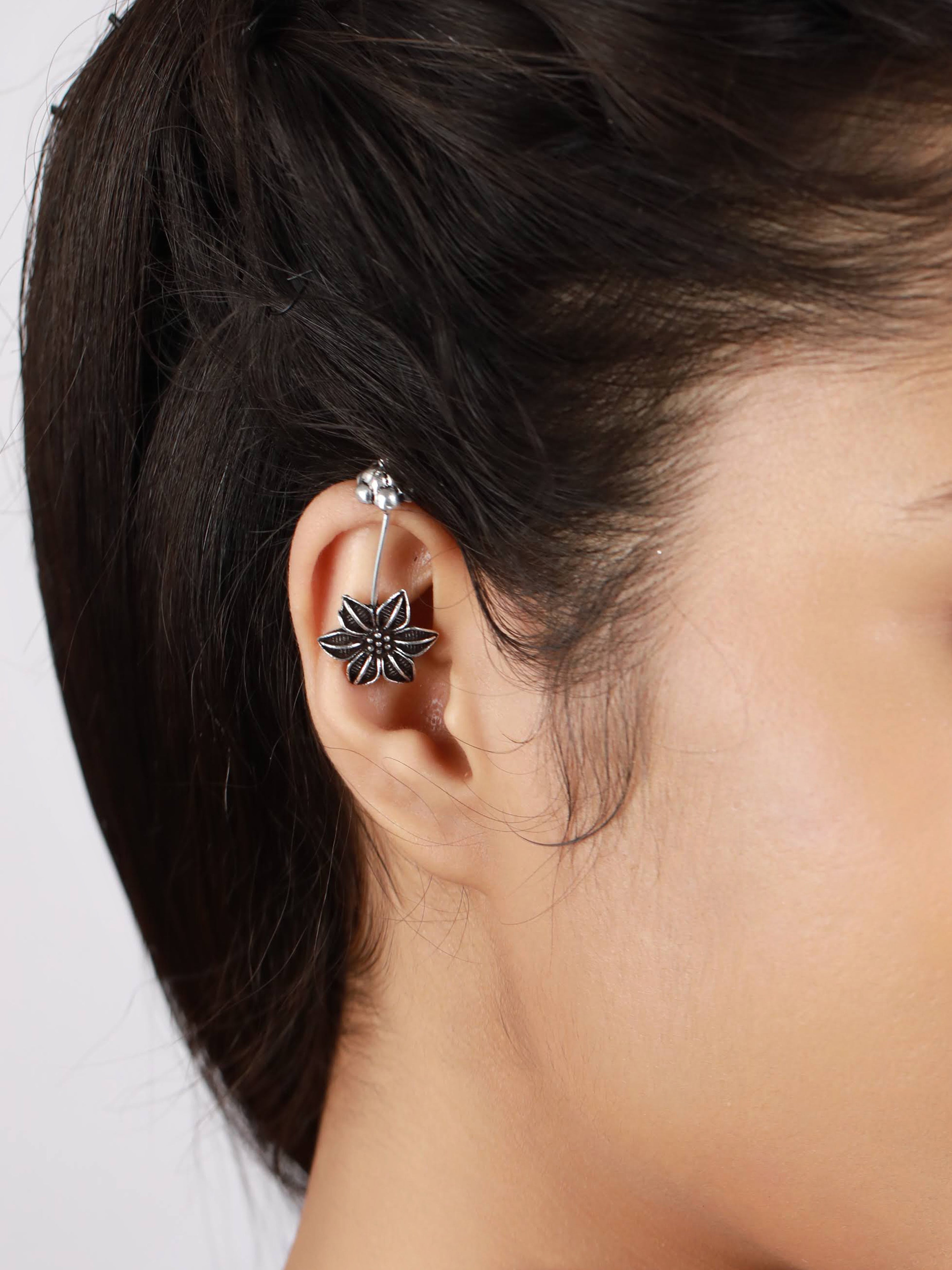 Set Of 2 Silver-Toned & Floral Ear Cuff Earrings