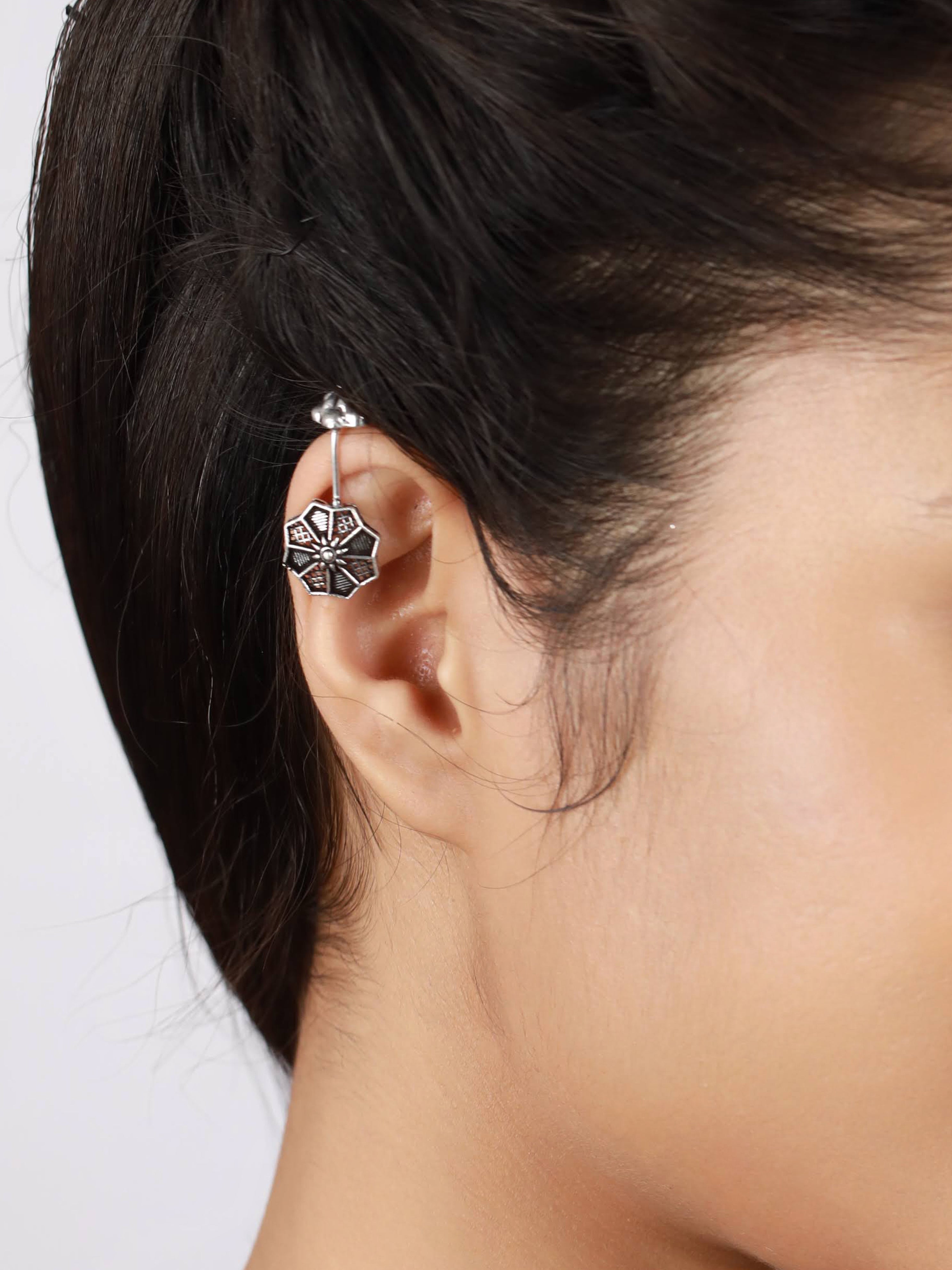 Set Of 2 Silver-Toned Textured & Floral Ear Cuff Earrings